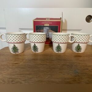 Spode White and Green Christmas Tree Stackable Mugs - Set of 4